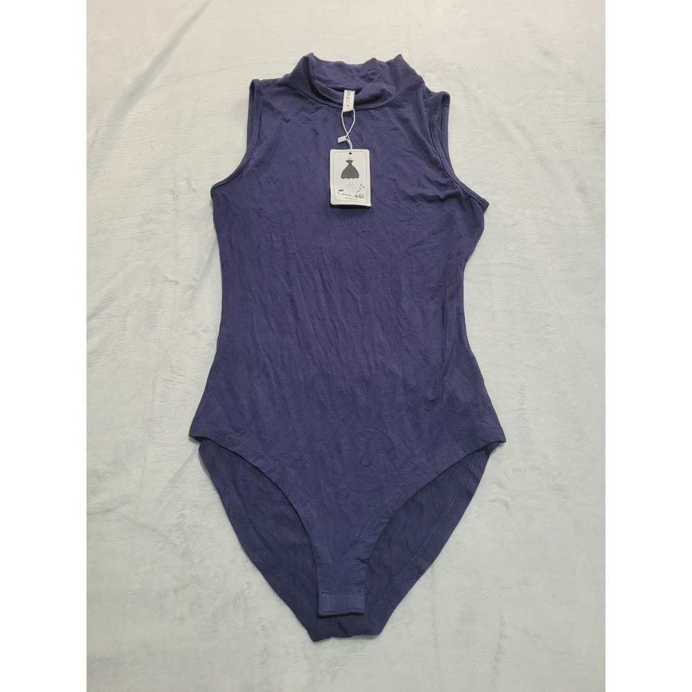 NWT Laolasi Bodysuit Women Small Purple Mock Neck Sleeveless Snap Closure